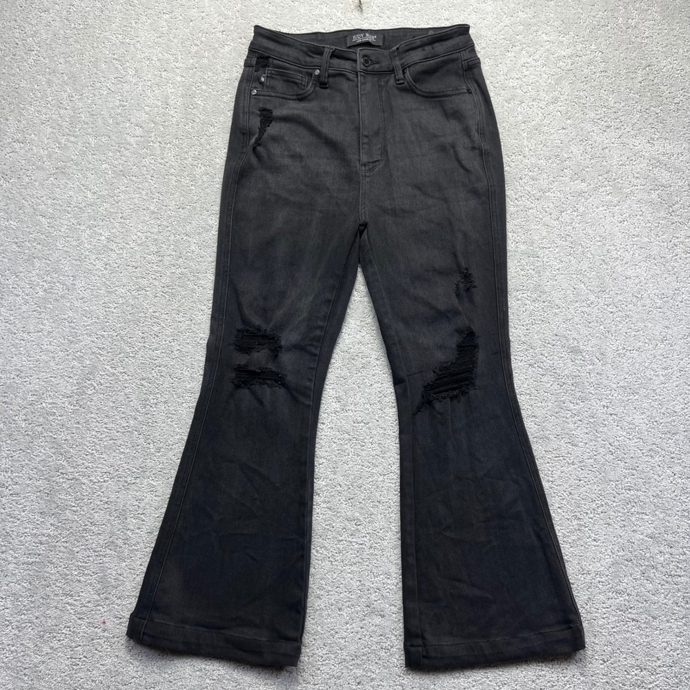 Judy Blue Flare Jeans Womens 9/29x26 Black Denim Stretch High Rise Distressed